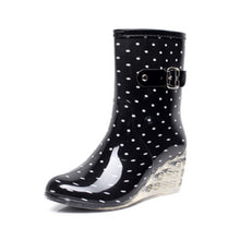 Load image into Gallery viewer, Women&#39;s Wedge Heel Rain Boots Buckle Side Zipper High Heel Transparent Mid-tube Rain Boots
