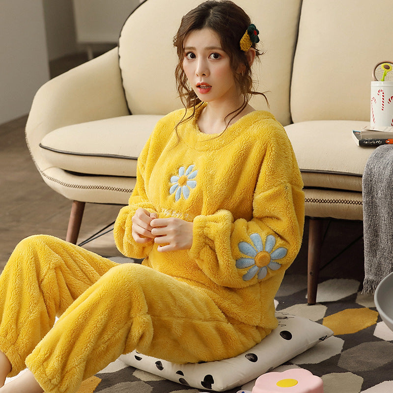Coral Fleece Women's Pajamas Ladies Thick Flannel Long Sleeves