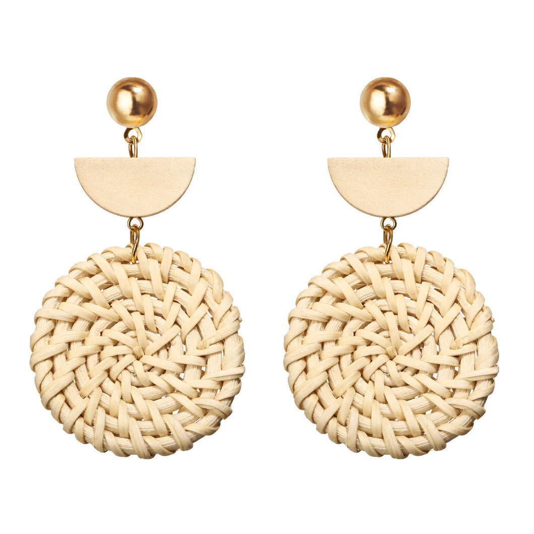 Woven Round Wooden Earrings Wish Straw Woven Beige Earrings