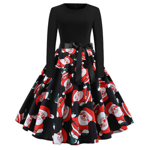 Retro Round Neck Print Long-Sleeved  Dress