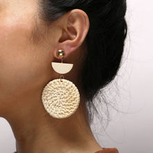 Load image into Gallery viewer, Woven Round Wooden Earrings Wish Straw Woven Beige Earrings

