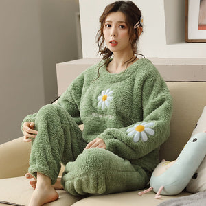 Coral Fleece Women's Pajamas Ladies Thick Flannel Long Sleeves