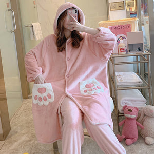 Autumn And Winter Long Velvet Pajamas Set Thick Warm Female Bathrobe Coral Velvet Winter Home Service