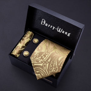 Gold Men Tie Paisley Silk Tie Pocket Square Gift Box Set Barry.Wang Luxury Designer Neck Tie For Men Male Gravat BB-5150