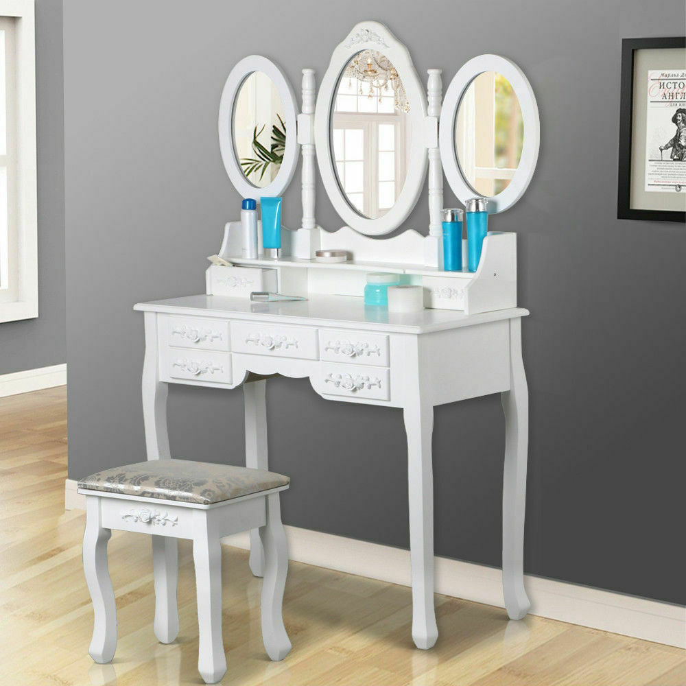 Women Elegant White Dressing Table 3 Oval Mirror 7 Drawers Stool Bedroom