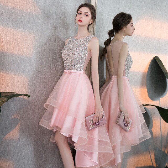 Elegant Ladies Backless Banquet Evening Dress Short and Long Fashion Bridesmaid wedding Pink Dress vestidos de fiesta