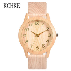 KCHKE 2020 Black/Coffee/Beige Dial Natural Bamboo Wood Watch Men Women Genuine Leather Wooden Clock Male hour Reloj de madera