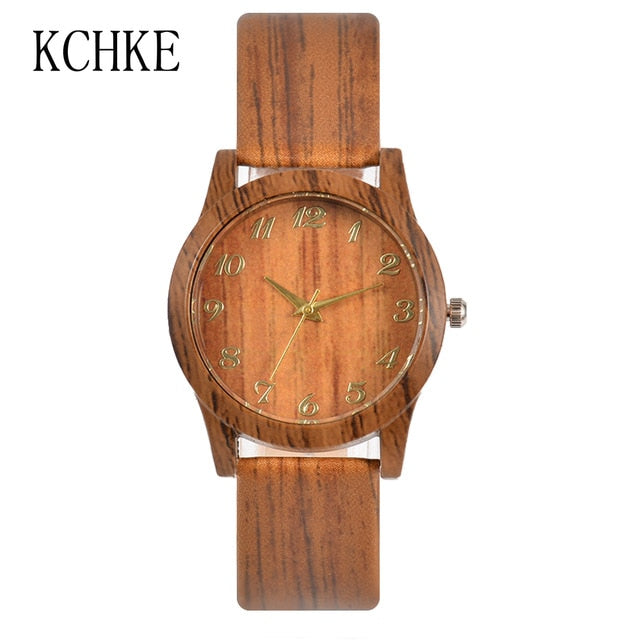 KCHKE 2020 Black/Coffee/Beige Dial Natural Bamboo Wood Watch Men Women Genuine Leather Wooden Clock Male hour Reloj de madera