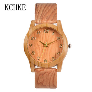 KCHKE 2020 Black/Coffee/Beige Dial Natural Bamboo Wood Watch Men Women Genuine Leather Wooden Clock Male hour Reloj de madera