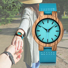 Load image into Gallery viewer, BOBO BIRD Classic Zebra Wood Watch For Men Women Indigo Blue Design Quartz Watch Two Optiom Case Size 33mm and 45mm
