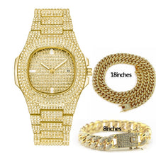 Load image into Gallery viewer, Hip Hop Jewelry Sets For Unisex Iced Out Diamond Watch for Women Fashion Men&#39;s Quartz Watches Gold Clock Male Bracelet Necklace

