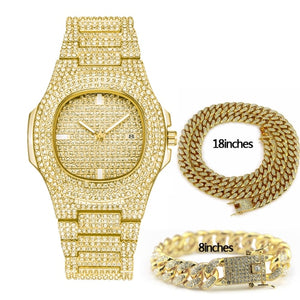 Hip Hop Jewelry Sets For Unisex Iced Out Diamond Watch for Women Fashion Men's Quartz Watches Gold Clock Male Bracelet Necklace