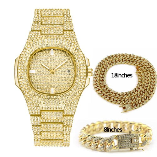 Hip Hop Jewelry Sets For Unisex Iced Out Diamond Watch for Women Fashion Men's Quartz Watches Gold Clock Male Bracelet Necklace