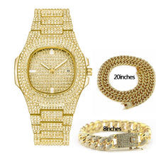 Load image into Gallery viewer, Hip Hop Jewelry Sets For Unisex Iced Out Diamond Watch for Women Fashion Men&#39;s Quartz Watches Gold Clock Male Bracelet Necklace
