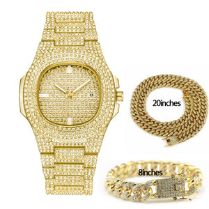 Hip Hop Jewelry Sets For Unisex Iced Out Diamond Watch for Women Fashion Men's Quartz Watches Gold Clock Male Bracelet Necklace