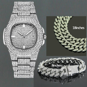 Hip Hop Jewelry Sets For Unisex Iced Out Diamond Watch for Women Fashion Men's Quartz Watches Gold Clock Male Bracelet Necklace