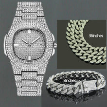 Load image into Gallery viewer, Hip Hop Jewelry Sets For Unisex Iced Out Diamond Watch for Women Fashion Men&#39;s Quartz Watches Gold Clock Male Bracelet Necklace
