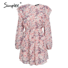 Load image into Gallery viewer, Simplee women floral print dress Elegant puff sleeve a-line chiffon sash dress High waist work wear office lady pink dress 2020
