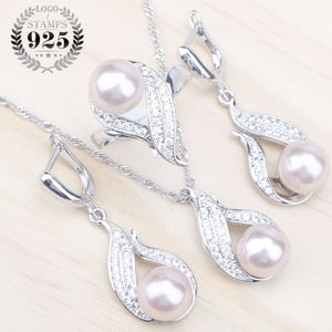 Natural Pearls 925 Silver Bridal Jewelry Sets Women White Zircon Earrings With Stones Pendant&Necklace/Rings Set Free Gift Box