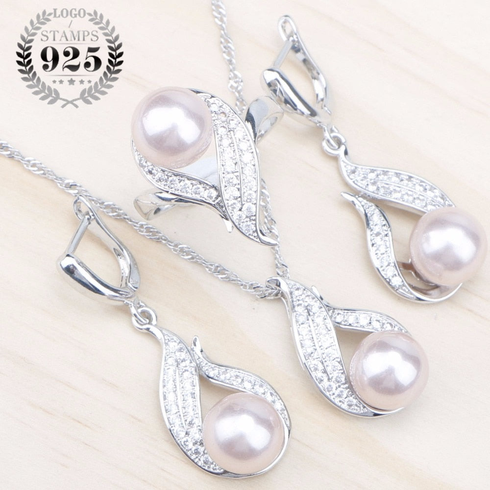 Natural Pearls 925 Silver Bridal Jewelry Sets Women White Zircon Earrings With Stones Pendant&Necklace/Rings Set Free Gift Box