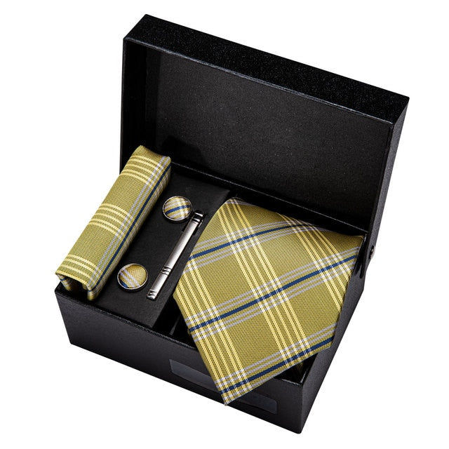 Gold Men Tie Paisley Silk Tie Pocket Square Gift Box Set Barry.Wang Luxury Designer Neck Tie For Men Male Gravat BB-5150