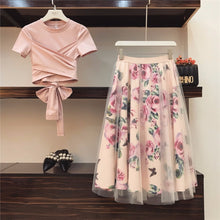 Load image into Gallery viewer, HIGH QUALITY Women Irregular T Shirt+Mesh Skirts Suits Bowknot Solid Tops Vintage Floral Skirt Sets Elegant Woman Two Piece Set
