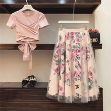 Load image into Gallery viewer, HIGH QUALITY Women Irregular T Shirt+Mesh Skirts Suits Bowknot Solid Tops Vintage Floral Skirt Sets Elegant Woman Two Piece Set

