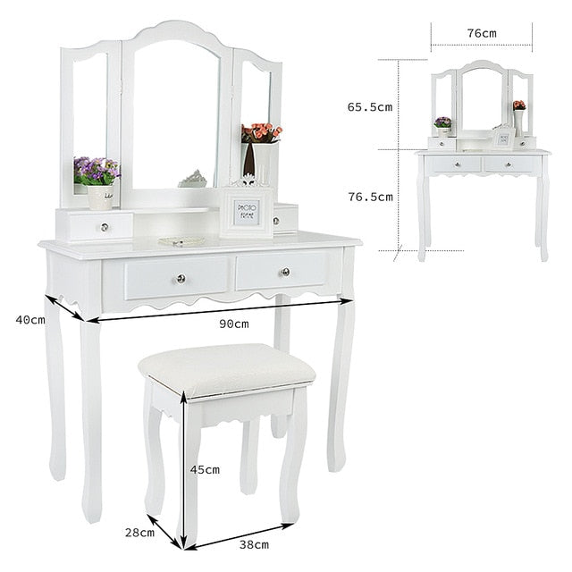 Europe And America Dressers for Bedroom Makeup Furniture With 3 Mirrors 4 Drawers Stool Bedroom Sets Dressing Vanity Table HWC
