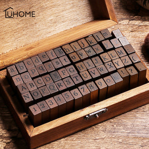 70pcs DIY Number Alphabet Combination Letter Stamp Diary Ablum Wedding Letter Wood Rubber Stamp Set with Vintage Wooden Box Gift