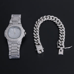 Hip Hop Men Bracelets Bling Iced Out Crystal Miami Chain Gold Silver Color Men Watch + Bracelet Set Luxury Hip Hop 2020 New