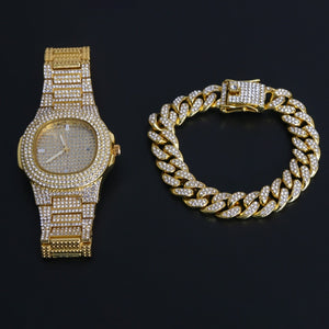 Hip Hop Men Bracelets Bling Iced Out Crystal Miami Chain Gold Silver Color Men Watch + Bracelet Set Luxury Hip Hop 2020 New
