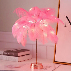 Pink White Feather Table Lamp Shades Lampshade Elegant Bedside Desk Night Light Decor Modern Hotel Villa Room Decor USB Charger