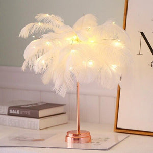 Pink White Feather Table Lamp Shades Lampshade Elegant Bedside Desk Night Light Decor Modern Hotel Villa Room Decor USB Charger
