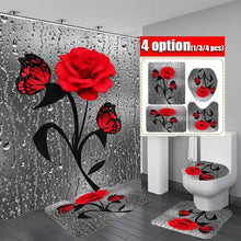 Load image into Gallery viewer, Red Rose&amp;Butterfly Bathroom Non-slip Mat Set Durable Waterproof Shower Curtain Set Pedestal Rug Lid Toilet Cover Bath Mat Rugs
