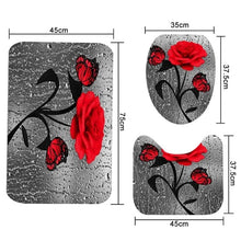 Load image into Gallery viewer, Red Rose&amp;Butterfly Bathroom Non-slip Mat Set Durable Waterproof Shower Curtain Set Pedestal Rug Lid Toilet Cover Bath Mat Rugs
