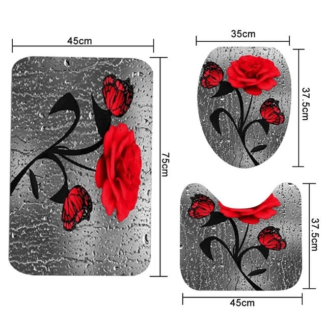 Red Rose&Butterfly Bathroom Non-slip Mat Set Durable Waterproof Shower Curtain Set Pedestal Rug Lid Toilet Cover Bath Mat Rugs