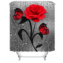 Load image into Gallery viewer, Red Rose&amp;Butterfly Bathroom Non-slip Mat Set Durable Waterproof Shower Curtain Set Pedestal Rug Lid Toilet Cover Bath Mat Rugs
