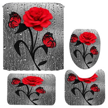 Load image into Gallery viewer, Red Rose&amp;Butterfly Bathroom Non-slip Mat Set Durable Waterproof Shower Curtain Set Pedestal Rug Lid Toilet Cover Bath Mat Rugs
