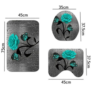 Red Rose&Butterfly Bathroom Non-slip Mat Set Durable Waterproof Shower Curtain Set Pedestal Rug Lid Toilet Cover Bath Mat Rugs