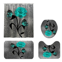 Load image into Gallery viewer, Red Rose&amp;Butterfly Bathroom Non-slip Mat Set Durable Waterproof Shower Curtain Set Pedestal Rug Lid Toilet Cover Bath Mat Rugs
