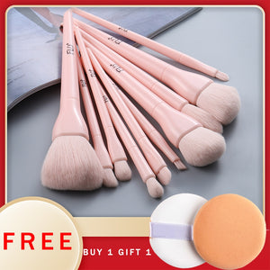 FLD 10pcs Natural Hair Colorful Makeup Brushes Professional Foundation Powder Blush Eyeshadow Eyebrow Kabuki Blending Brush Set