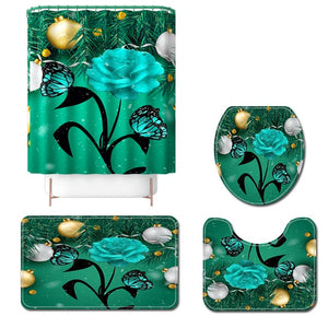 Red Rose&Butterfly Bathroom Non-slip Mat Set Durable Waterproof Shower Curtain Set Pedestal Rug Lid Toilet Cover Bath Mat Rugs