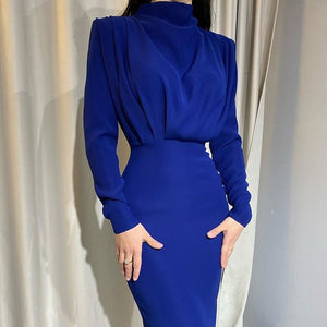InstaHot Elegant Women Dress Stand Collar Slim Waist Solid Blue Ankle Length Autumn Long Sleeve Casual Party Dress 2020 Fashion