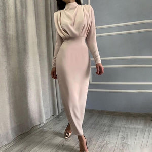 InstaHot Elegant Women Dress Stand Collar Slim Waist Solid Blue Ankle Length Autumn Long Sleeve Casual Party Dress 2020 Fashion