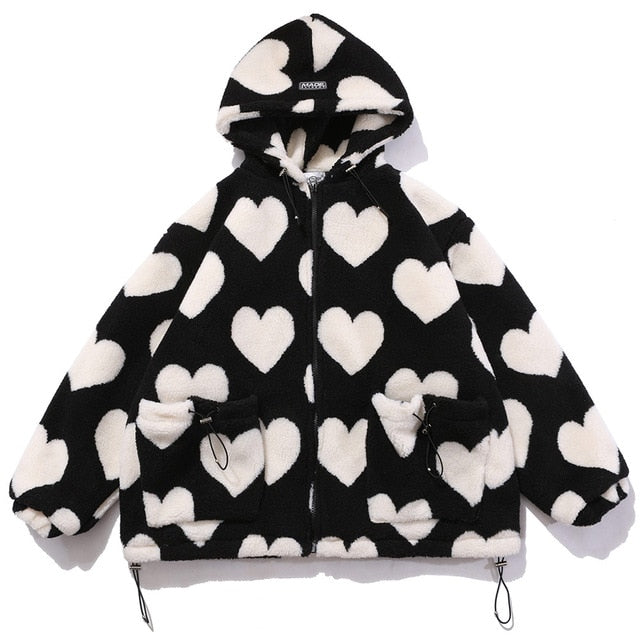 Aolamegs Cute Heart-shaped Print Lambswool Winter Jacket Men Drawstring Pockets Zipper Hooded High Street Warm Couple Streetwear