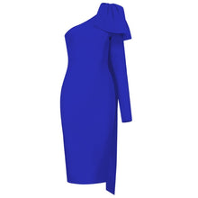 Load image into Gallery viewer, High Quality Blue Orange Runway Bownot One Shoulder Long Sleeve Rayon Bandage Dress Cocktail Party Bodycon Dress Vestidos
