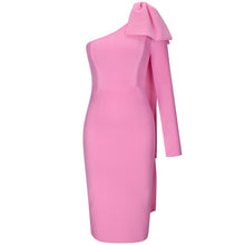 Load image into Gallery viewer, High Quality Blue Orange Runway Bownot One Shoulder Long Sleeve Rayon Bandage Dress Cocktail Party Bodycon Dress Vestidos
