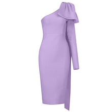 Load image into Gallery viewer, High Quality Blue Orange Runway Bownot One Shoulder Long Sleeve Rayon Bandage Dress Cocktail Party Bodycon Dress Vestidos
