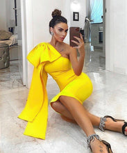 Load image into Gallery viewer, High Quality Blue Orange Runway Bownot One Shoulder Long Sleeve Rayon Bandage Dress Cocktail Party Bodycon Dress Vestidos
