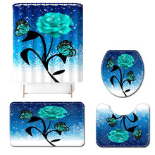 Load image into Gallery viewer, Red Rose&amp;Butterfly Bathroom Non-slip Mat Set Durable Waterproof Shower Curtain Set Pedestal Rug Lid Toilet Cover Bath Mat Rugs
